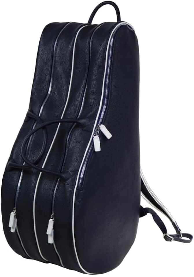 Leather Tennis Backpack 4 Rackets | Handmade to Order in Italy | Soft Pebble-Grain Waterproof Leather Racquets Case Holder Bag (Navy Blue/White)