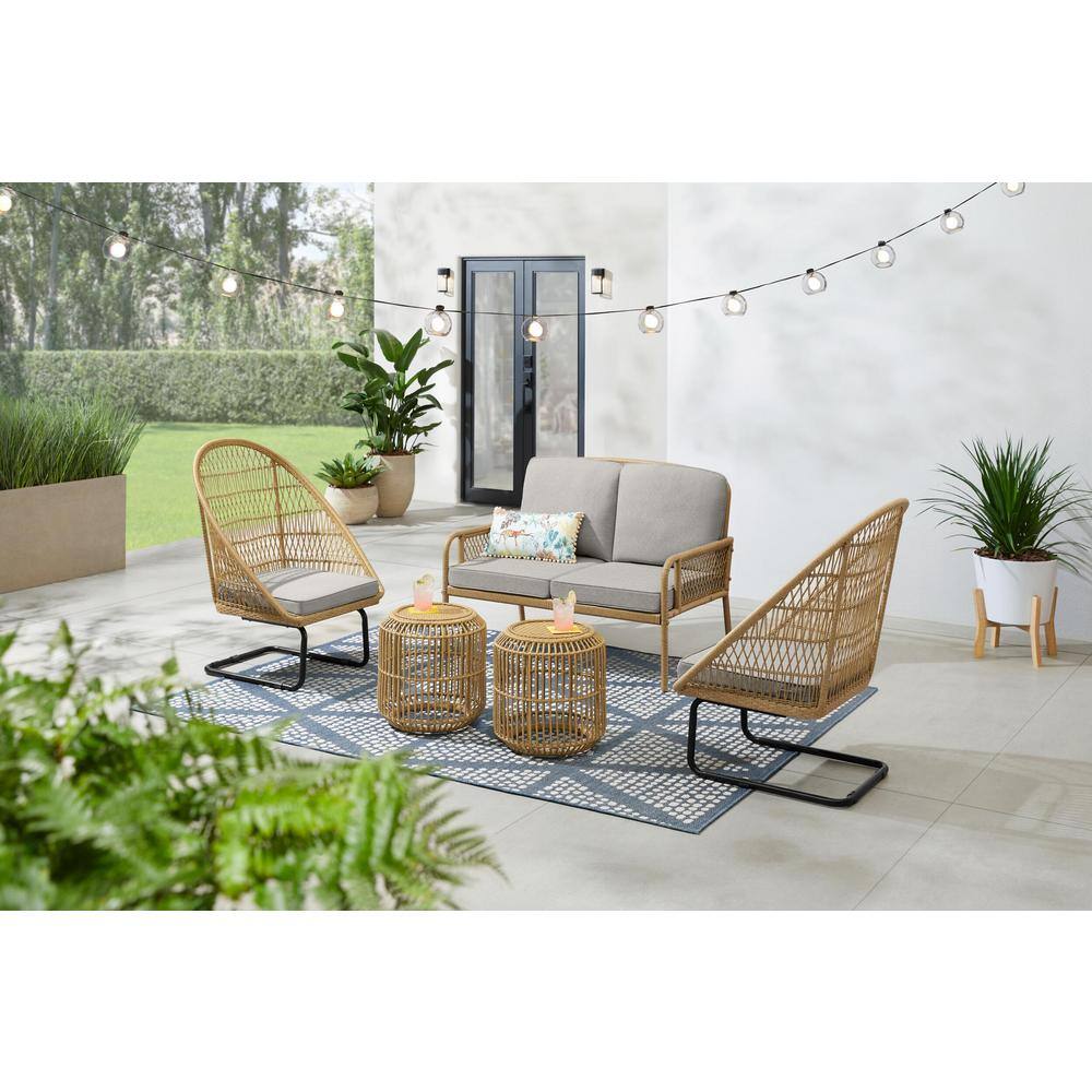 Hampton Bay Sierra Creek Tan 5-Piece Wicker Outdoor Patio Conversation Deep Seating Set with CushionGuard Stone Gray Cushions
