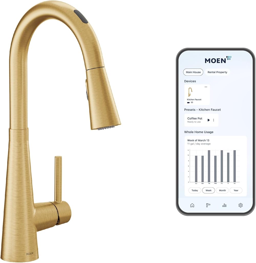 Moen 7864EVBG Sleek Smart Touchless Pull Down Sprayer Kitchen Faucet with Voice Control and Power Boost, Brushed Gold