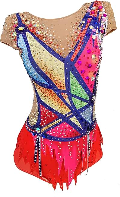 Orange Red Girl's Artistic Gymnastics Suit with Colored Diamonds for Performance and Practice