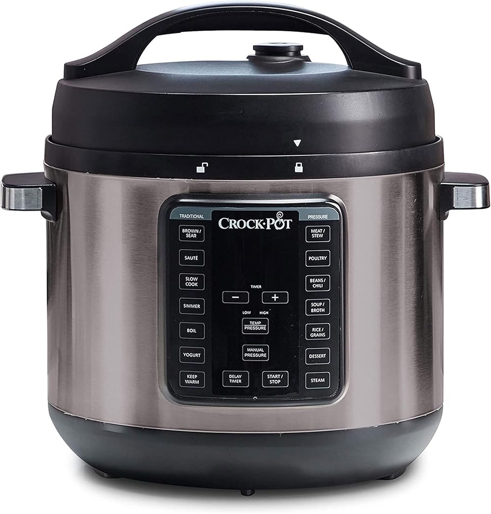 8-Quart Multi-Use XL Express Crock Programmable Slow Cooker and Pressure Cooker with Manual Pressure, Boil & Simmer, Black Stainless