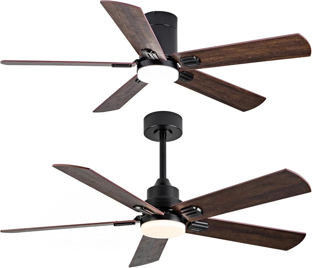 BOOMJOY 48Inch 52Inch Ceiling Fans with Lights,Downrod Mount and Flush Mount 2-Pack,3 Color LED Light, Reversible DC Quiet Motor Modern Black Ceiling Fan for Bedroom Indoor Outdoor
