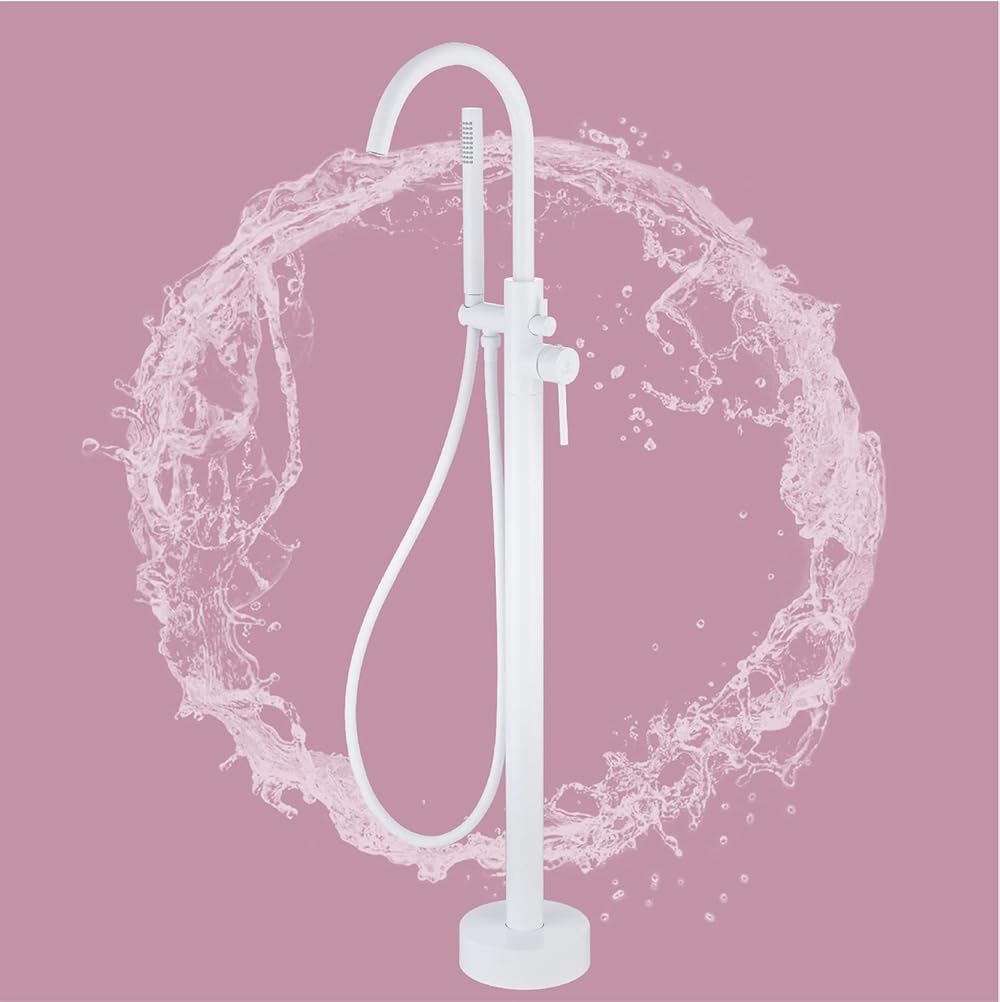 Single Handle Freestanding Tub Filler Floor Mount Bathtub Faucet with Handheld Shower (Matte White)