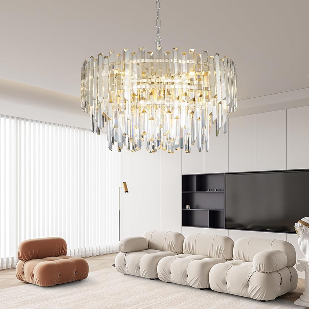 Chrome Modern Top K9 Crystal Chandelier Lighting Fixture, 8 Lights Round K9 Crystal Adjustable Hanging Lamp for Dining Room Bedroom Living Room,Hallway,Bar,Kitchen W24'