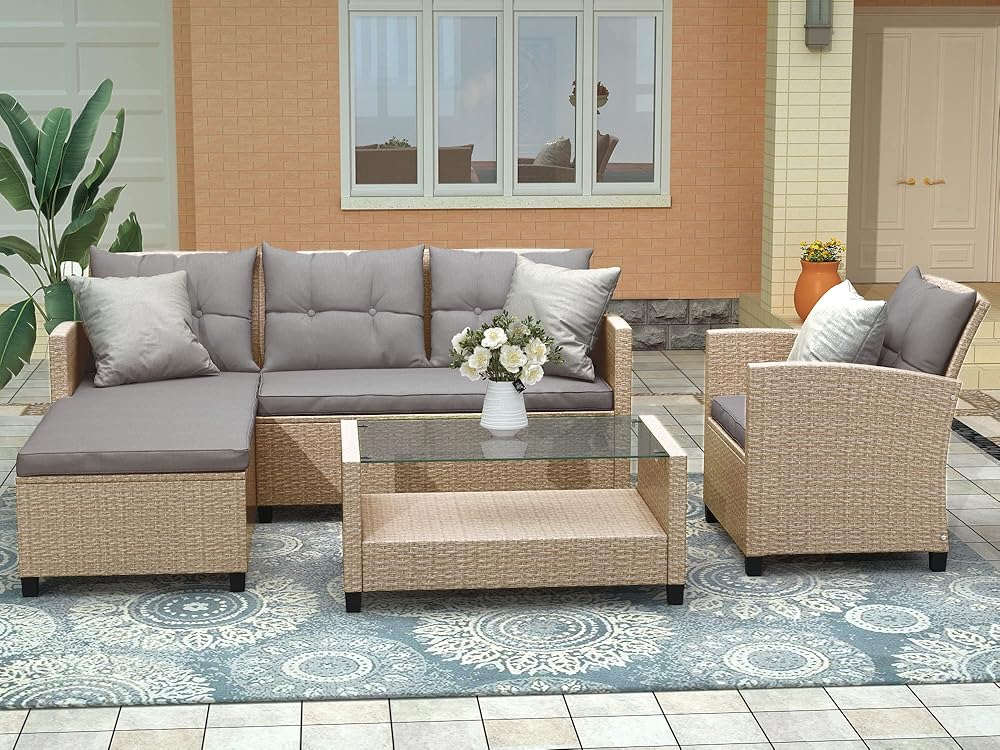 GOWE U_Style Outdoor, Patio Furniture Sets, 4 Piece Conversation Set Wicker Ratten Sectional Sofa with Seat Cushions(Beige Brown)