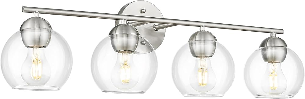 Emak 4-Light Bathroom Vanity Light, 29 Inch Brushed Nickel Bathroom Light, Globe Vanity Light with Clear Glass Shade for Bathroom, VL114-BN-4