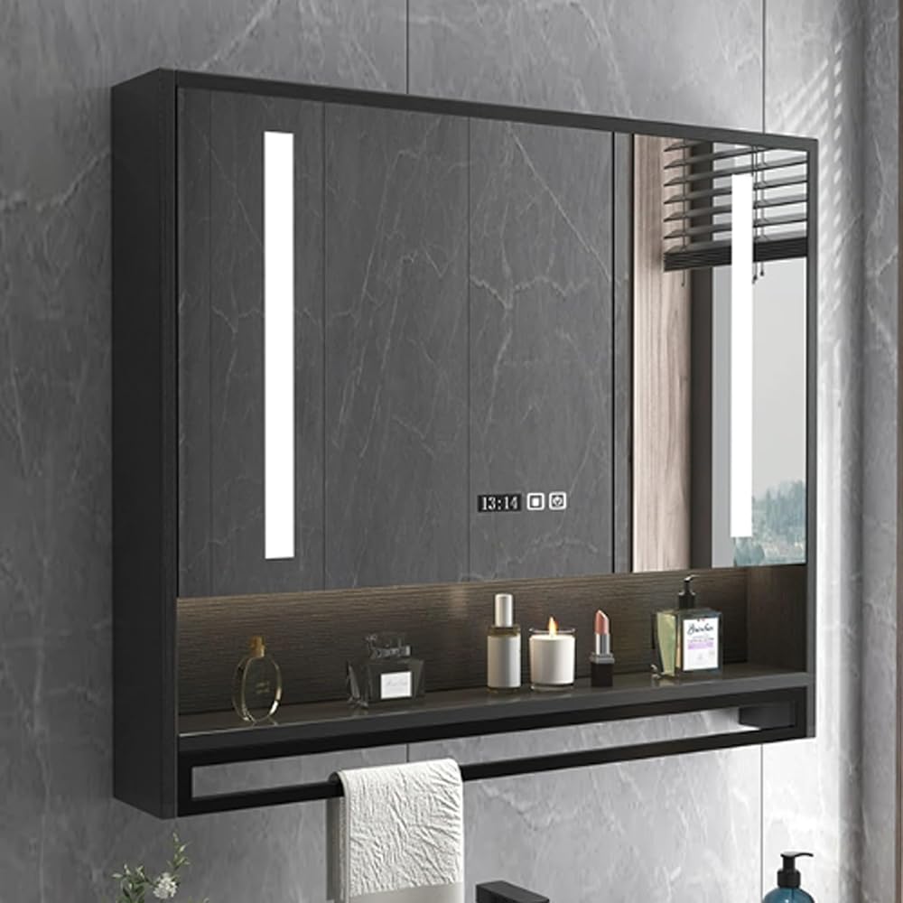 Medicine cabinet with HD mirror，bathroom mirror with anti fog，Modern Smart medicine cabinet mirror with LED lights，bathroom storage organizer Clock and Temper Display，With towel bar，Touch Switch ( Col