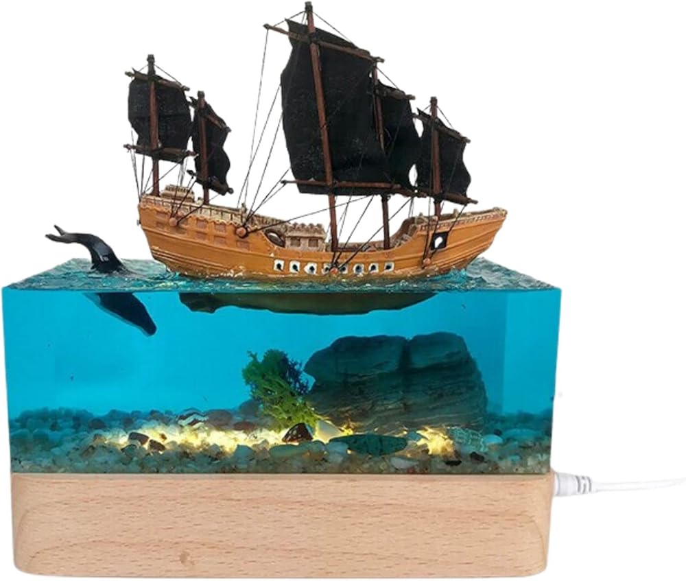 Whale Sailing Ornament Lamp, Decorations Marine Art Night Light Desk Lamp, Ocean Theme Diorama, Lamp Decoration, Ocean Lamp (18x18x6 cm)