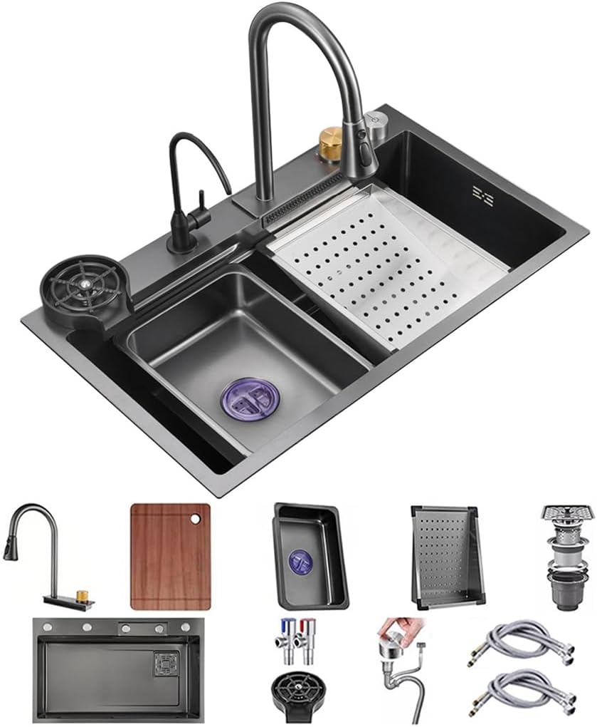 Single Bowl Kitchen Sink 304 Stainless Steel Bar Sink Household Multi-Function RV Sink with Faucet and Cup Washer Drop in Or Under Mount (Color : Gun Grey, Size : 75x45x22cm)