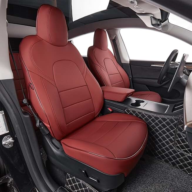 EKR Custom Fit Model Y Car Seat Covers for Select Tesla Model Y 2019 2020 2021 2022 2023 2024 (Only for 5 Seats Version) - Full Set,Leather (Burgundy)