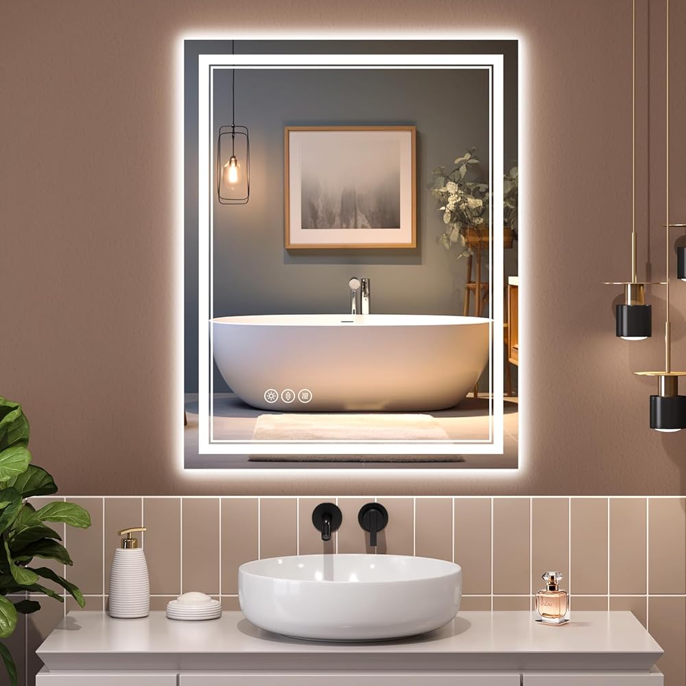26x32 Inch Bathroom Mirror with Lights, CRI 90+, 3 Colors, Dimmable, Front and Backlit, Top Tempered Glass with Acrylic Side, Anti-Fog, Rotatable LED Mirror for Bathroom, Memory Function