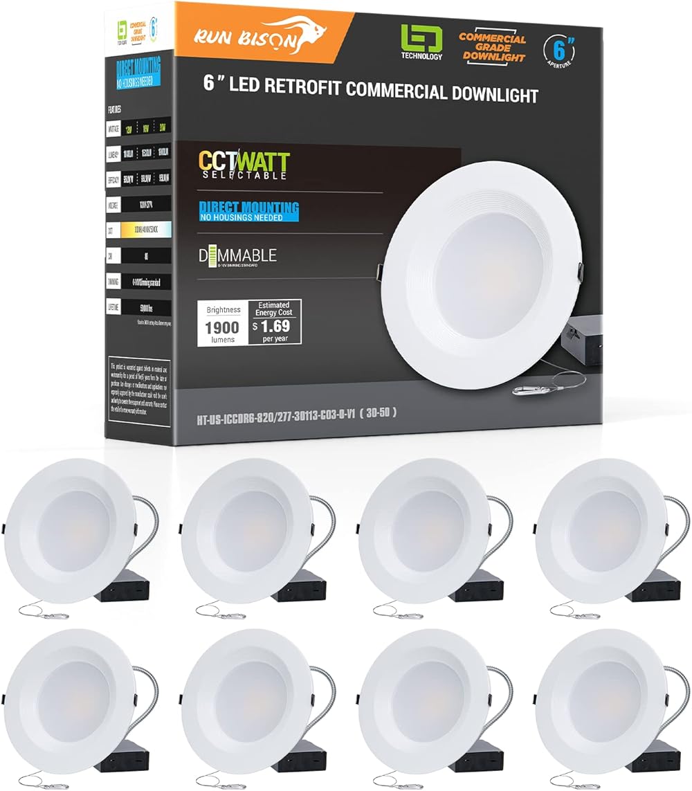 6 Inch 120-277V Recessed LED Commercial Downlight with J-Box, Wattage Adjustable 12/16/20W,3 Color Selectable 3000K-5000K, 0-10V Dimmable, IC Rated,Canless LED Downlight, UL Listed -8 PK