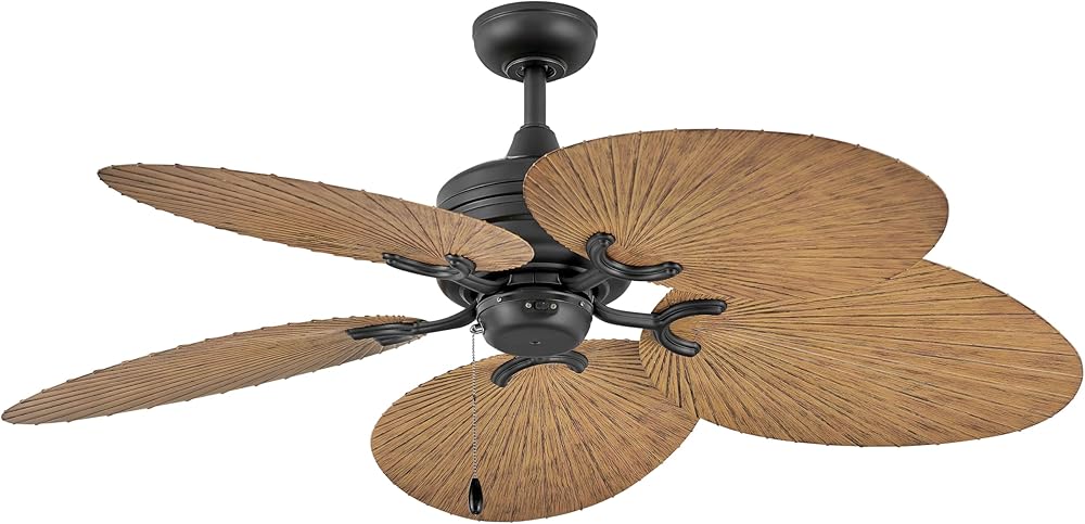 Hinkley Lighting Tropic Air 52-in Outdoor Ceiling Fan, Tropical & Coastal Style, Weather Resistant, Matte Black Finish with 5 Palm Leaf Blades in Teak Wood, Outdoor Ceiling Fans for Patios