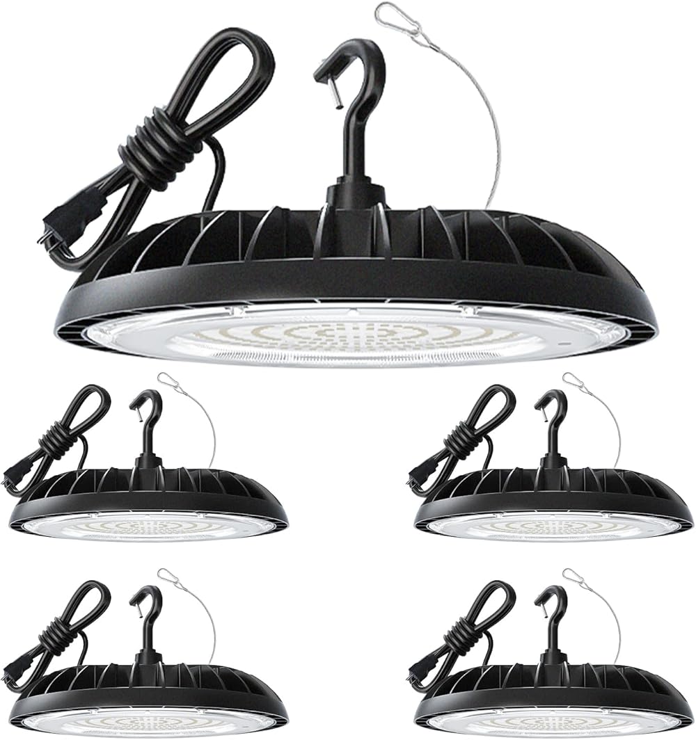 5 Pack 150W LED High Bay Light, 21000lm 5000K UFO Led High Bay Light, Commercial Bay Lighting with 5ft Cable US Plug for Garage Shop Barn Warehouse