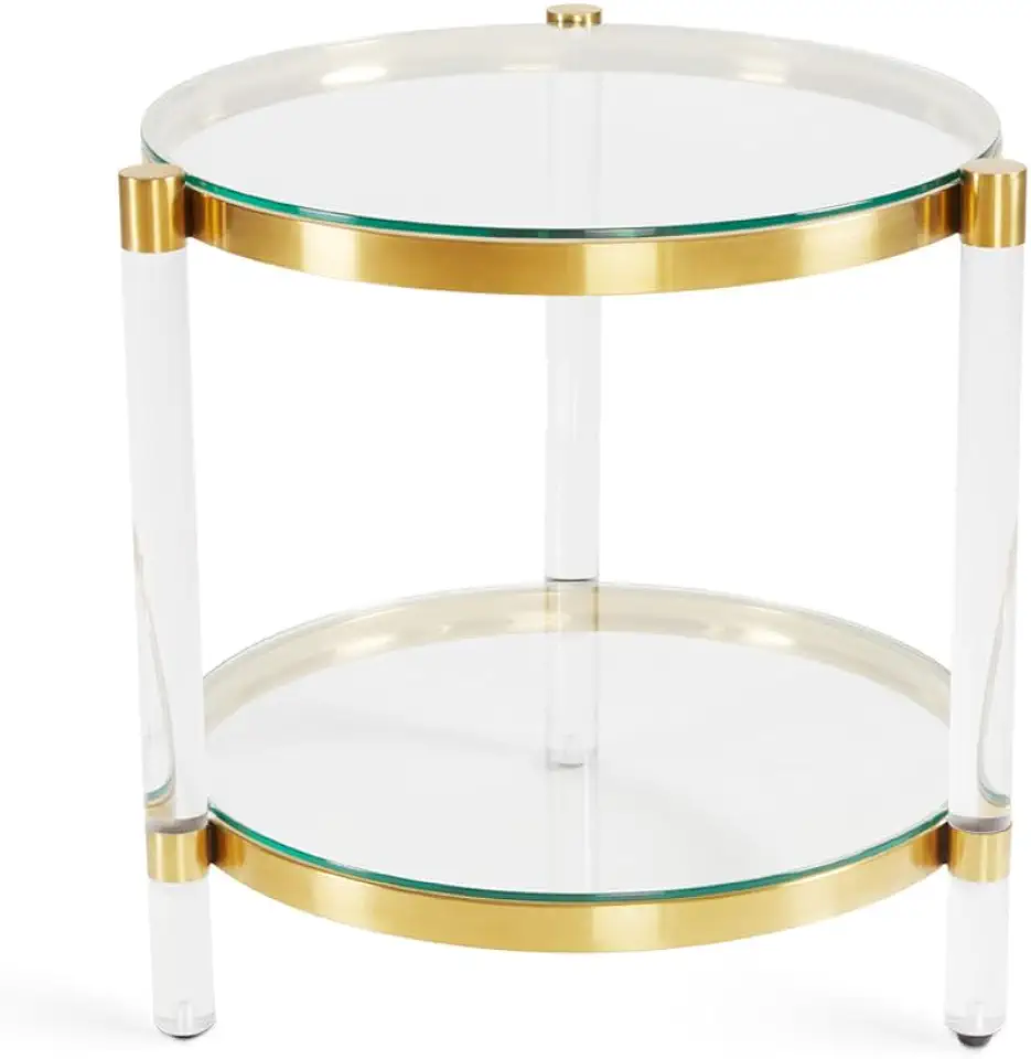 Uptown Club Paolo Round End Table with Tempered Glass Top & Bottom Shelf, Stainless Steel & Acrylic Frame, Modern Accent Furniture for Living Room, Bedroom Night Stand, Gold