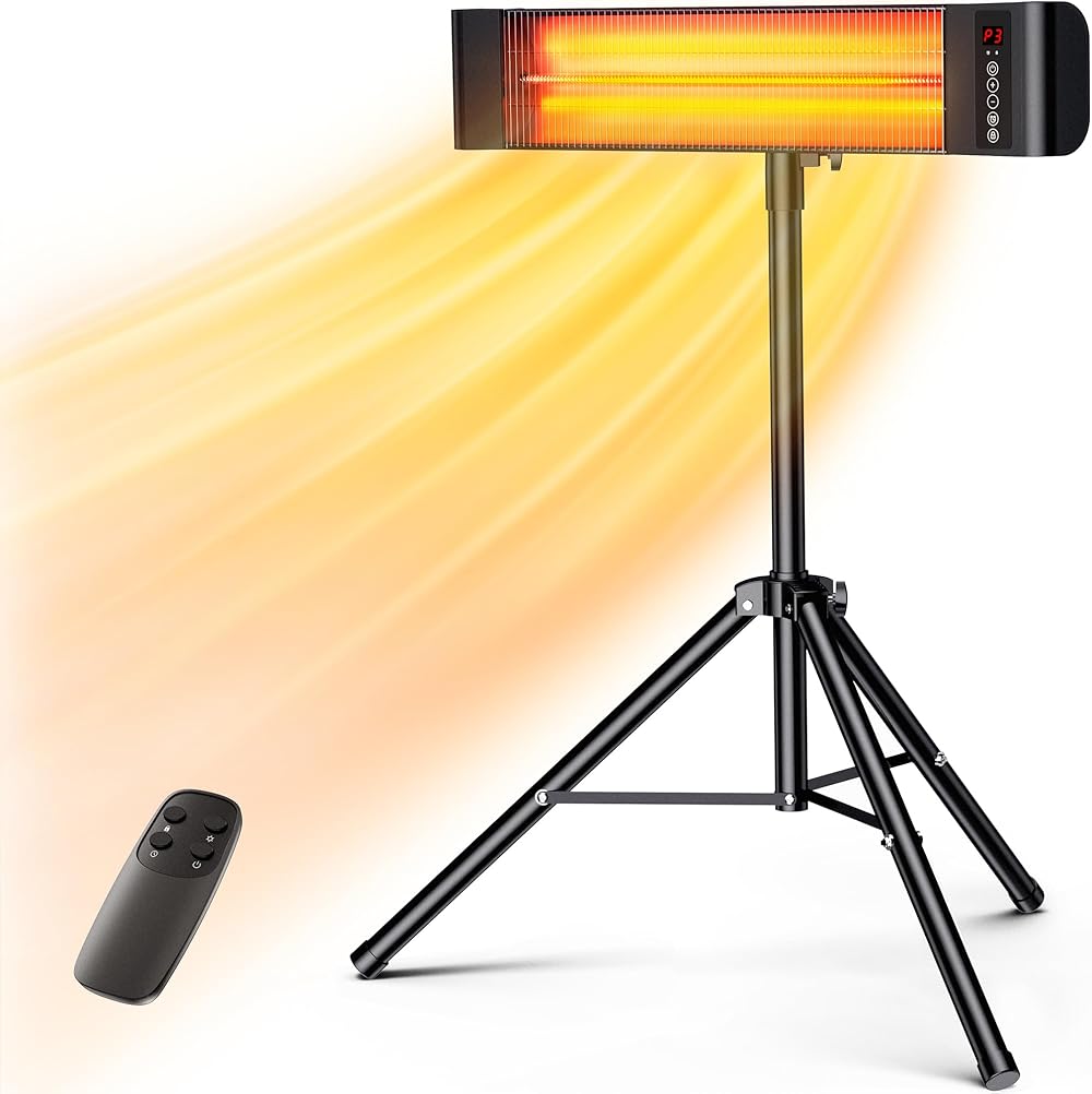 VAGKRI Outdoor Heaters, 1s Heating Electric Infrared Patio Heaters with Remote, 12H Timer, 3 Heat Levels, IP65 Waterproof, Electric Wall Heaters with Tripod Stand for Home, Office, Patio and Garage