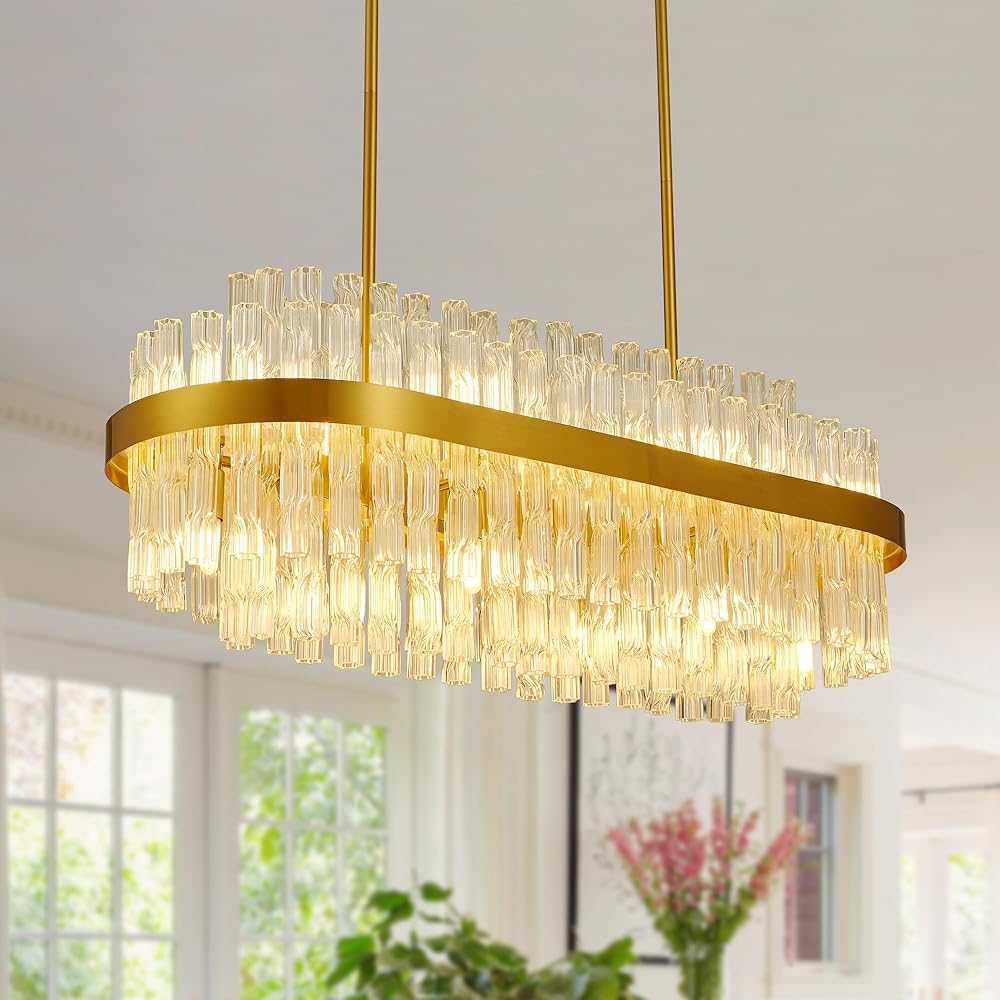 Rectangle Gold Crystal Chandelier Modern K9 Crystal Pendant Ceiling Light 12 Light Contemporary Oval Raindrop Chandelier Lighting Fixture for Dining Room Living Room Kitchen