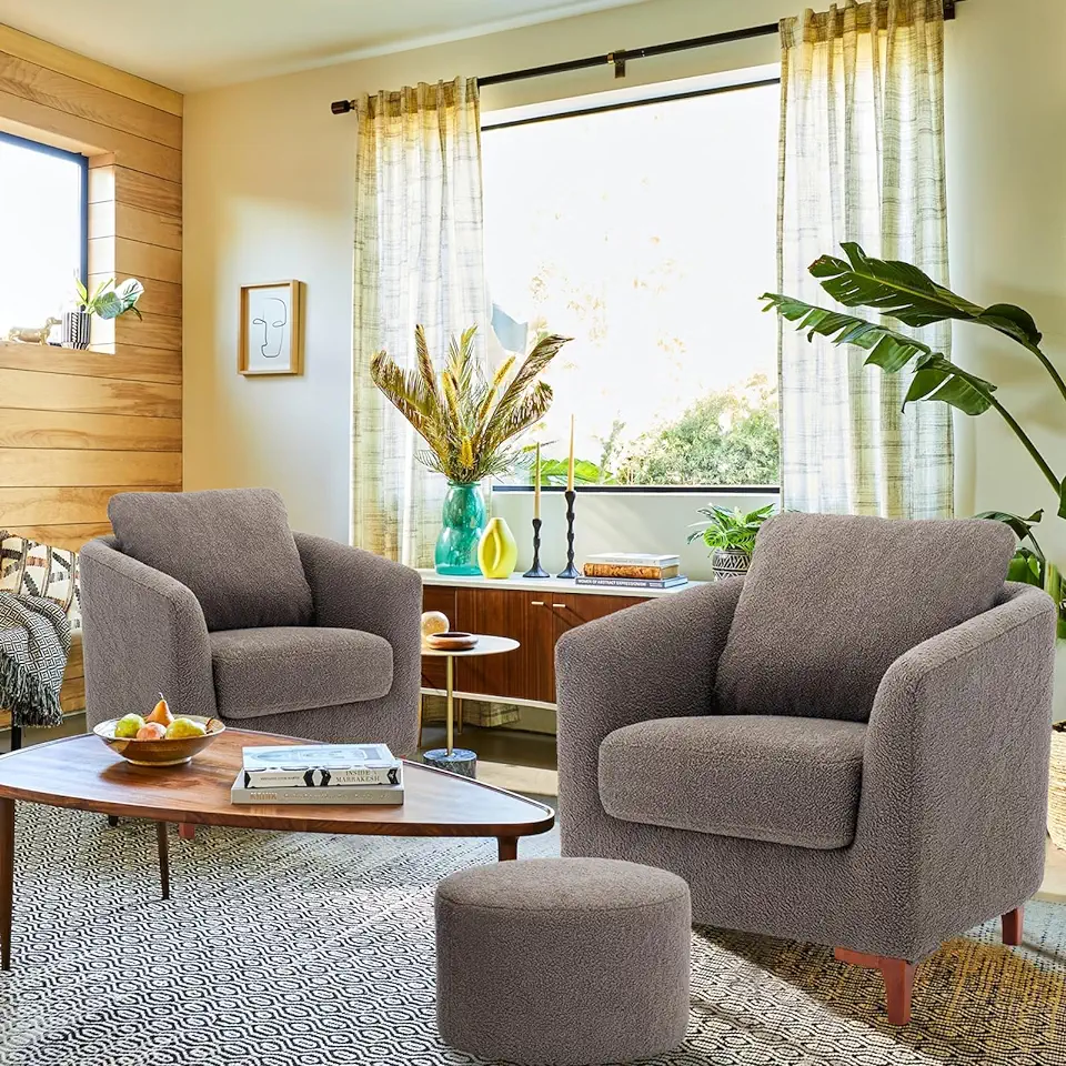 COLAMY Sherpa Accent Chair & Ottoman Set of 2, Modern Upholstered Fabric Living Room Chair Armchair with Back Pillow and Wooden Legs for Living Room, Bedroom, Reading Nook, Brown