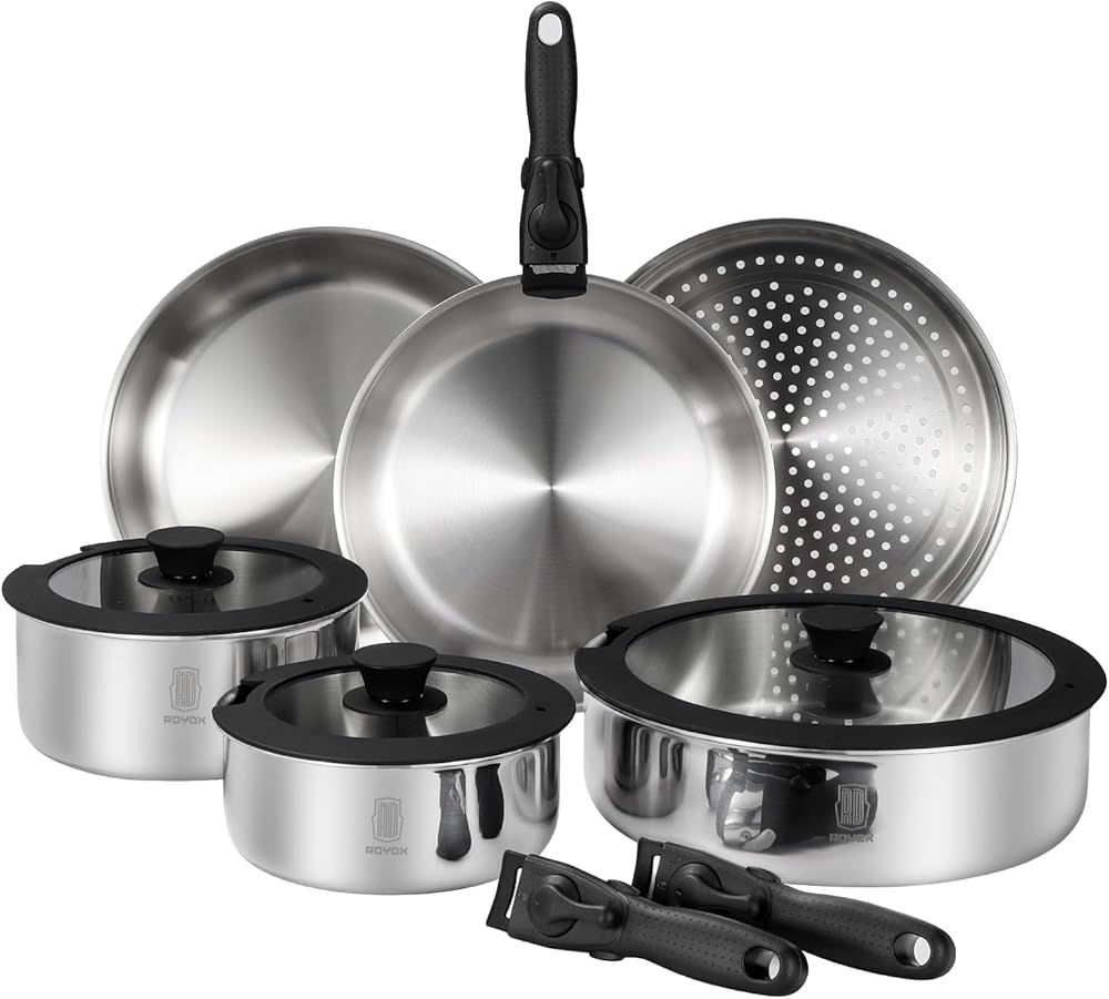 ROYDX 3-Ply Pots and Pans Set, 18/10 Stainless Steel Kitchen Removable Handle Cookware Set,PFOA Free, for All Stoves, Suitable for Home, RV, Boat, Camping, Space Saving Induction Oven Safe