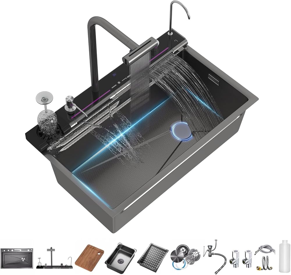 Smart Kitchen Sink 304 Stainless Steel Honeycomb Single Bowl Kitchen Sinks，Digital Display Double Waterfall Sink，With Pull-out Swivel Faucet，With Pressurized Cup Washer (29.5 x 18.1 inch)