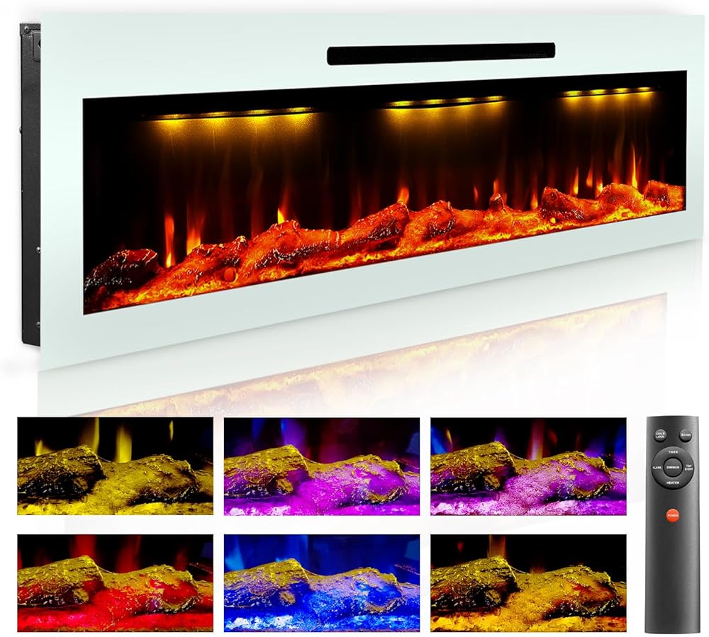 Electric Fireplace, Electric Fireplace Heater 51inch, Fireplace Realistic 21 Multicolor Flame, Fire Places Electric Wall Mounted & Recessed, Fireplace Heaters 3 Clacking Sound & Logs, BG-130W