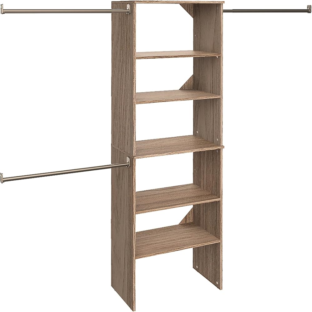 ClosetMaid SuiteSymphony Wood Closet Organizer Starter Kit with Tower and 3 Hang Rods, Shelves, Adjustable, Fits Spaces 5 – 10 ft. Wide, Natural Gray, 25