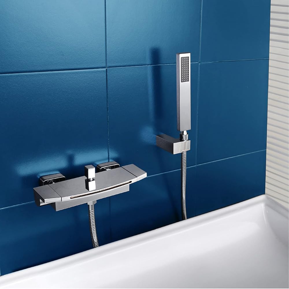Waterfall Bathtub Faucet, All Copper Hot And Cold Water Mixer Tap, Wall-Mounted Storage Simple Bathtub Shower Faucet Set, Electroplating Surface