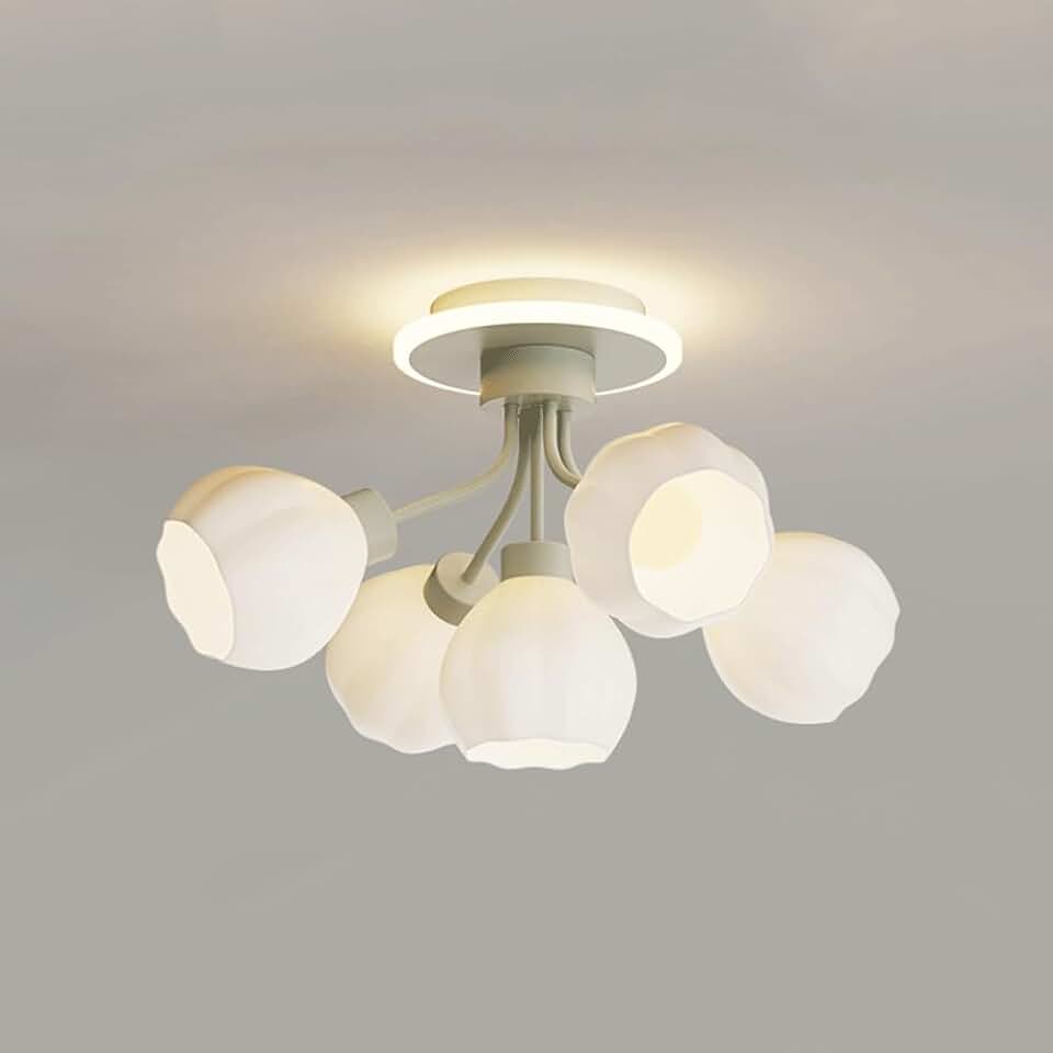 Modern 5 Light Glass Globe Shade Sputnik Chandelier White Semi Flush Mount Ceiling Light Fixture Mid Century Light Fitting for Living Room Dining Room Bedroom Kitchen Hallway/Green