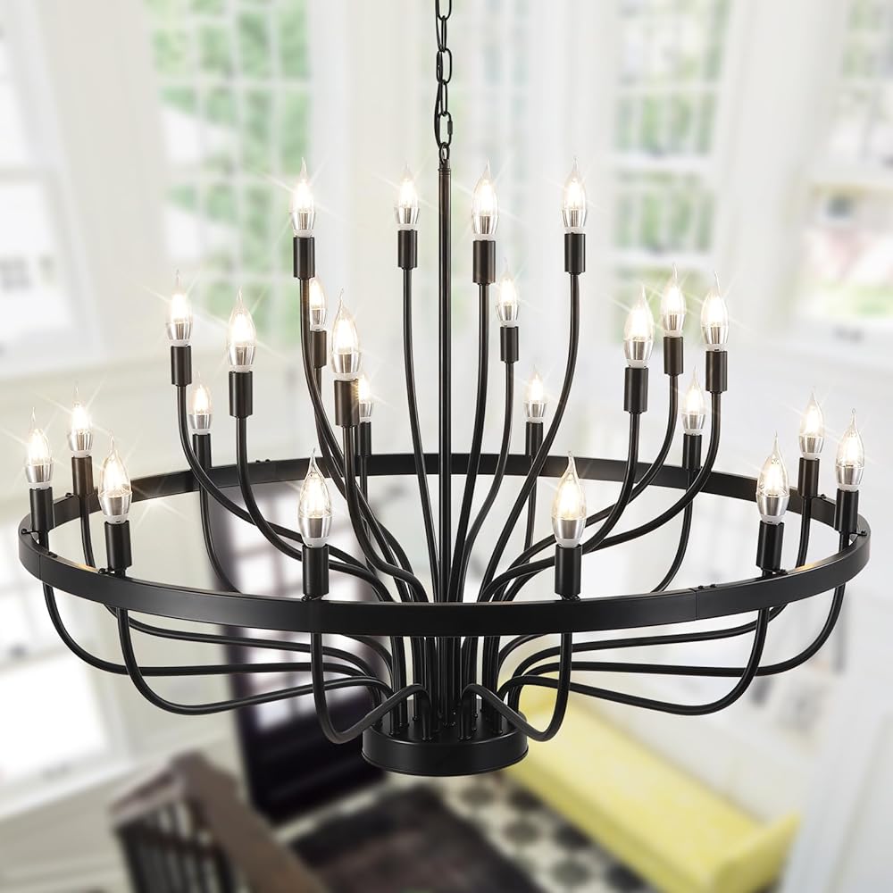 Modern Farmhouse Chandelier, Wagon Wheel Chandelier 24 Light, Black Round Chandelier Light Fixture, 39in 3-Tier Industrial Candle Chandelier Chandeliers