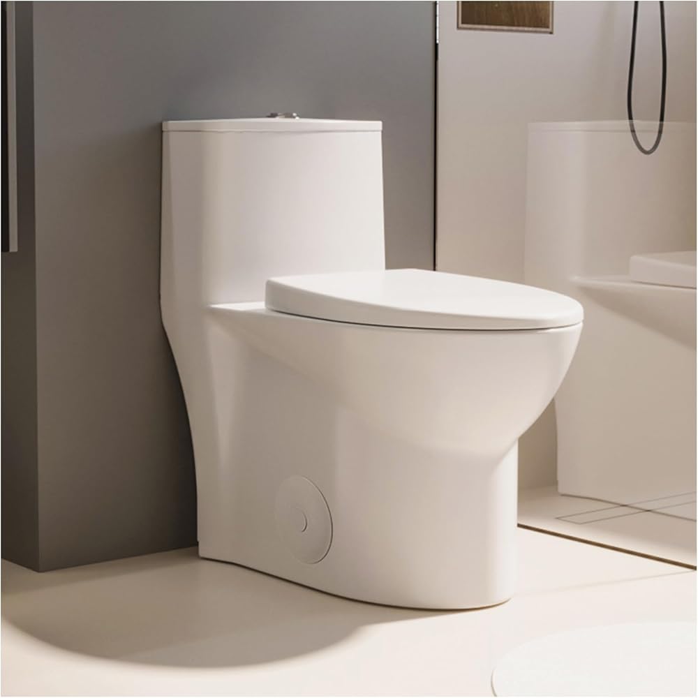 MEJE #1001A -Modern Small Toilet with Soft Closing Seat,Dual Flush Elongated One Piece Toilet,Small Toilets for Small Bathroom,Comfortable Seat Height 15.5 in,White Toilet Bowl