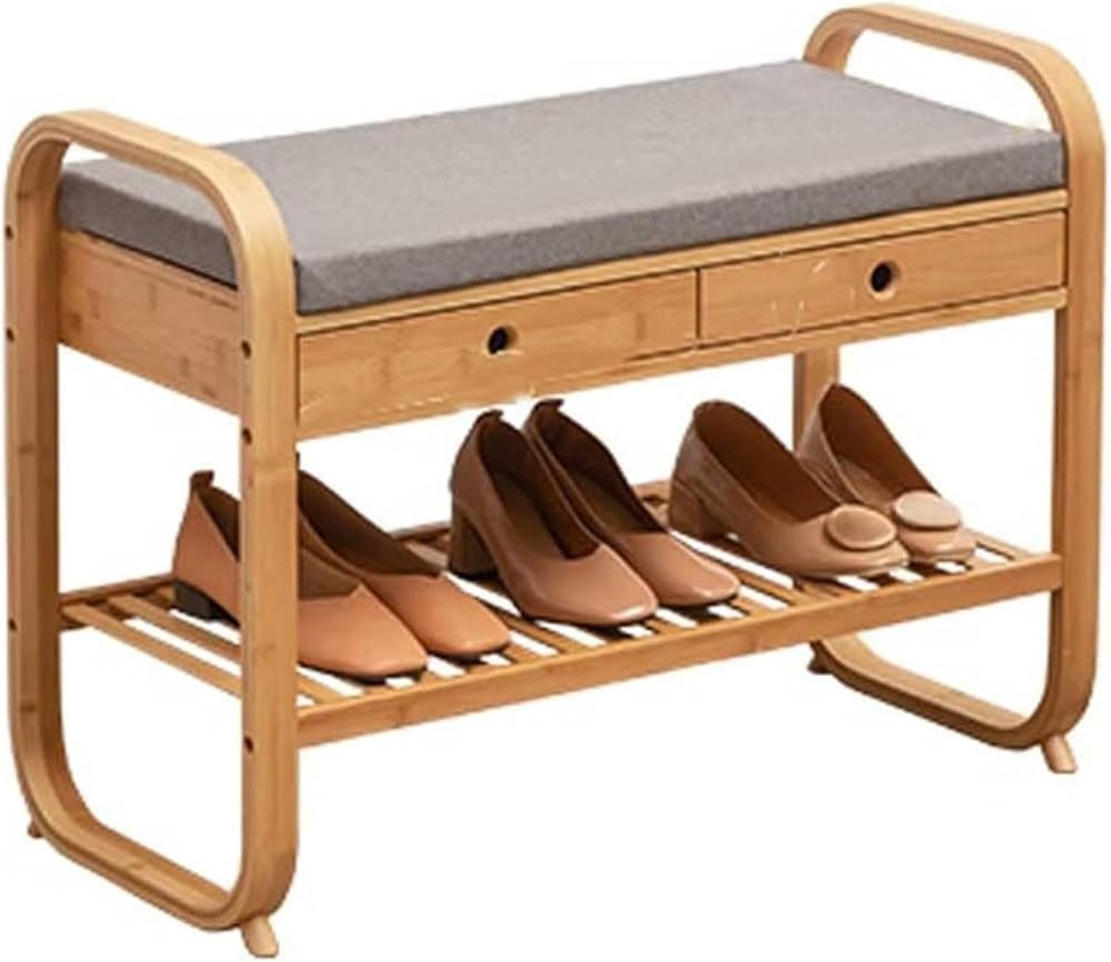 Shoe Storage Bench Entryway Hallway Furniture, Bamboo Shoes Rack Entrance Bench Shoe Stool with Seater Cushion, Creative Shoe Shelf Multifunctional Storage Stool(74x34x55cm)