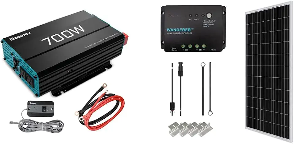 Renogy 700W Pure Sine Wave Inverter 12V DC to 120V AC Converter & KIT-STARTER-100D Starter Kit with 1 Pcs 100W Monocrystalline Panel and 30A PWM Controller Solar Charging, Boats, RV, Off-Grid System