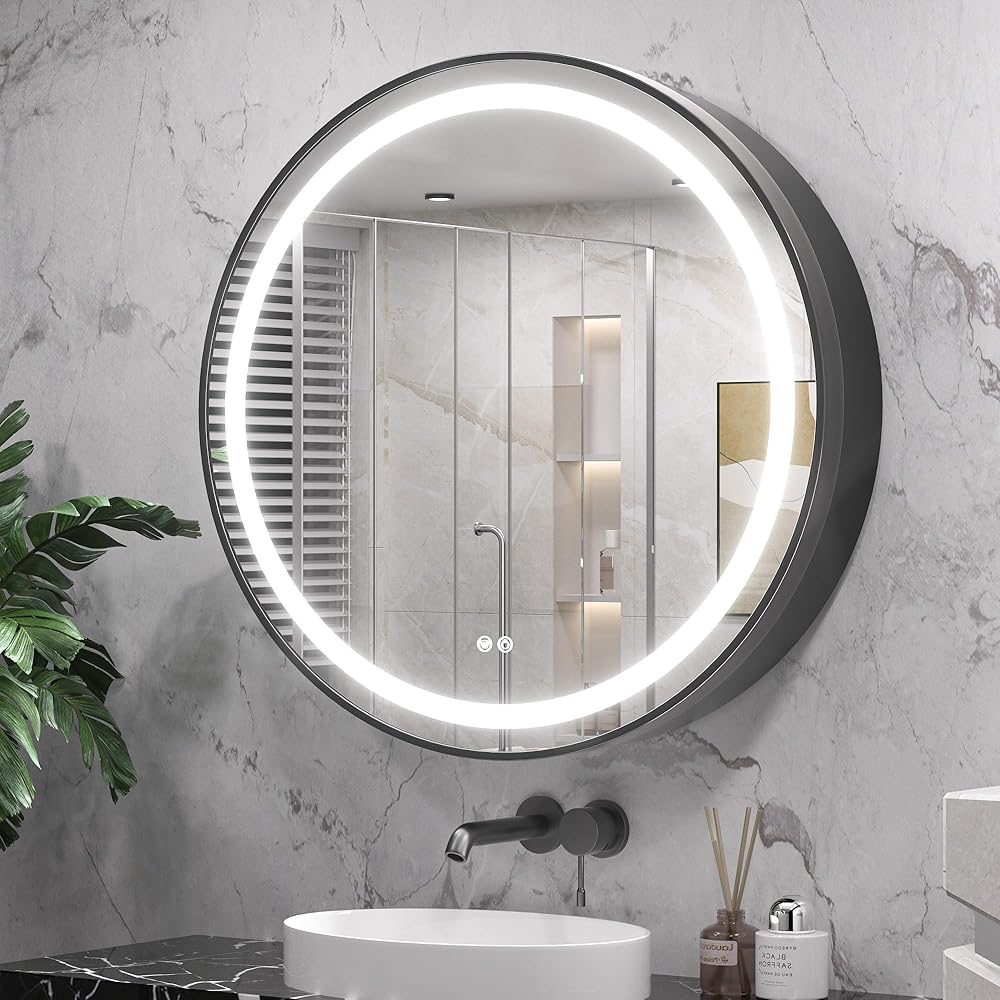 Keonjinn 30 in Black Round Lighted Medicine Cabinet with LED Mirror for Bathroom Electrical Outlet Dimmable 3 Color Lights Anti-Fog Large Wall Mounted Circle Metal Framed Bathroom Mirrored Cabinets