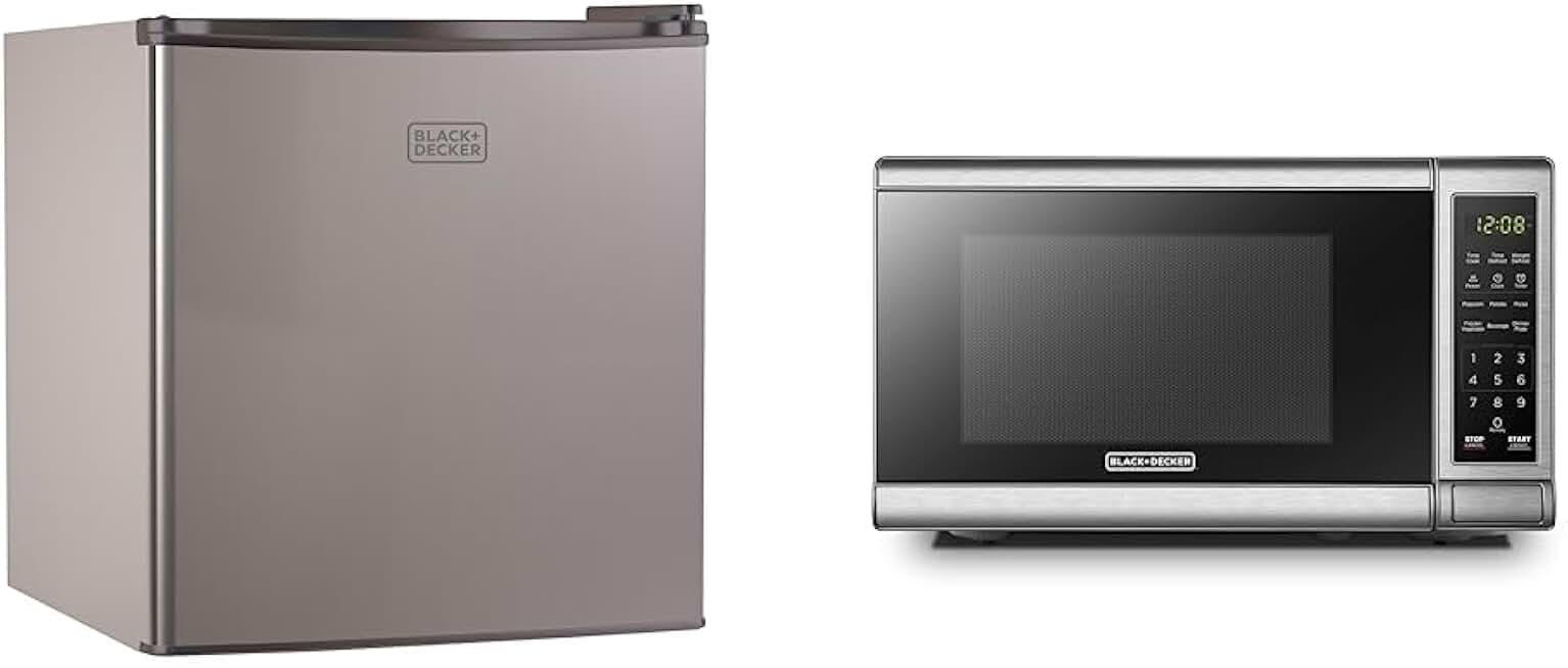 BLACK+DECKER BCRK17V Compact Refrigerator Energy Star Single Door Mini Fridge with Freezer, 1.7 Cubic Ft., VCM, Silver & EM720CB7 Digital Microwave Oven with Turntable Push-Button Door, Child Safety