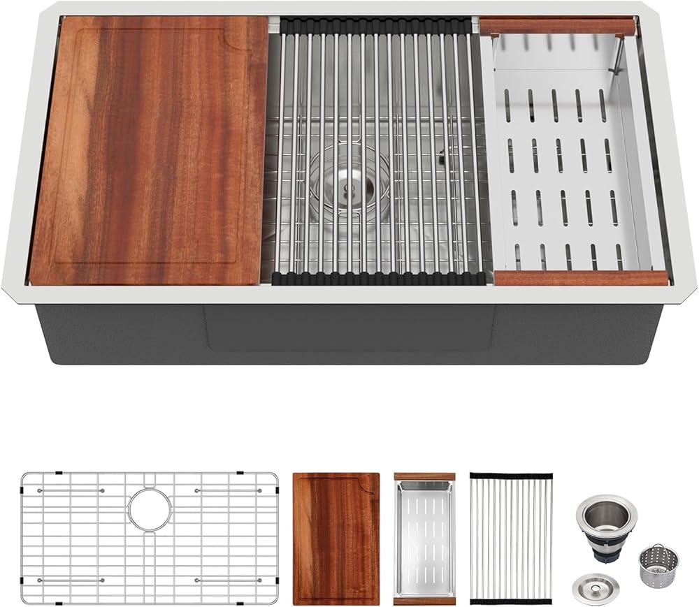 Logmey 33 Inch Undermount Kitchen Sink 33 x 19 Inch Workstation Sink Ledge Deep Single Bowl 16 Gauge Stainless Steel Under Counter Kitchen Sinks