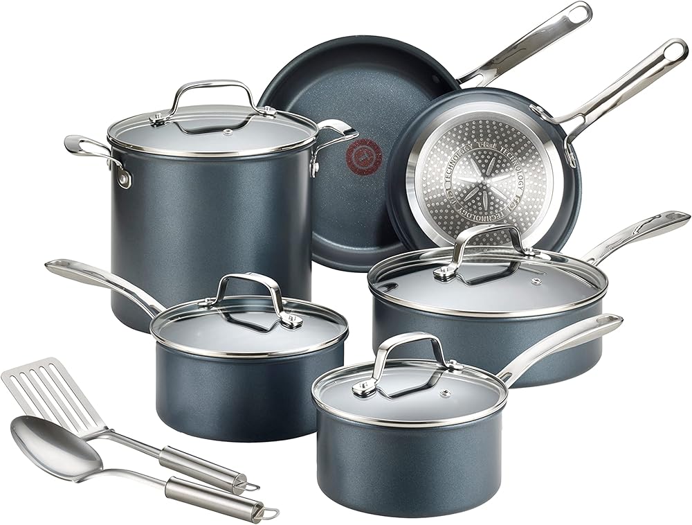 T-fal Platinum Non Stick Cookware Set 12 Piece, Induction, Oven Broiler Safe 500F, Kitchen Cooking Set W/ Fry Pans, Saucepans, Saute Pan, Dutch Oven, Utensils, Pots and Pans, Dishwasher Safe, Slate
