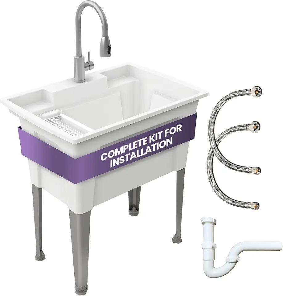 Standing Utility Sink with Steel Legs and Goose Neck Faucet – 32” Utility Sinks for Laundry Room, Garage, Garden, Basement – Noah William Home Indoor and Outdoor Basement Wash Tub (WHITE)