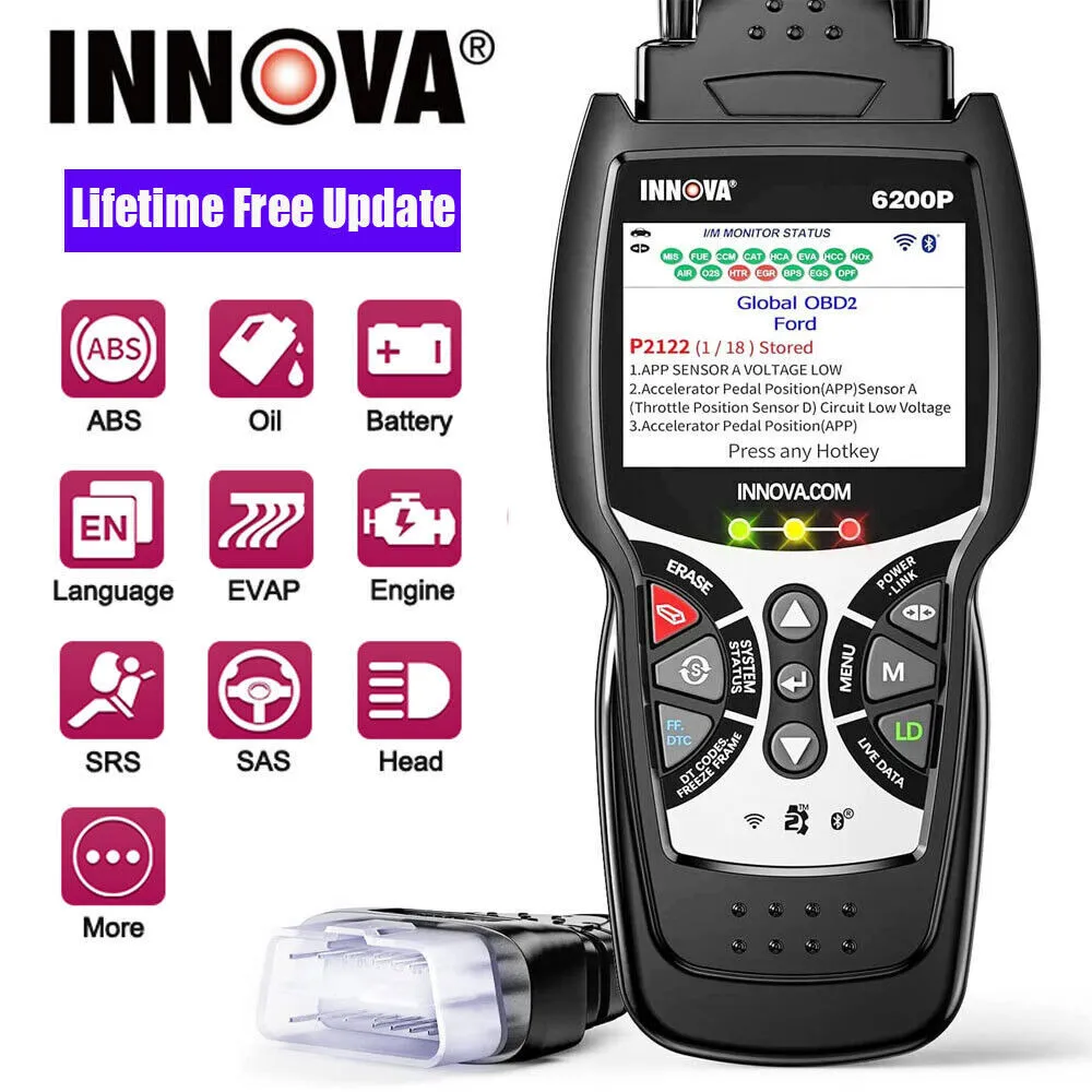 Innova 6200P OBD2 Scanner Auto Scan Tool with Battery Reset Oil Light Reset Scan All Systems Car Diagnostic Tool for All OBD2 Cars
