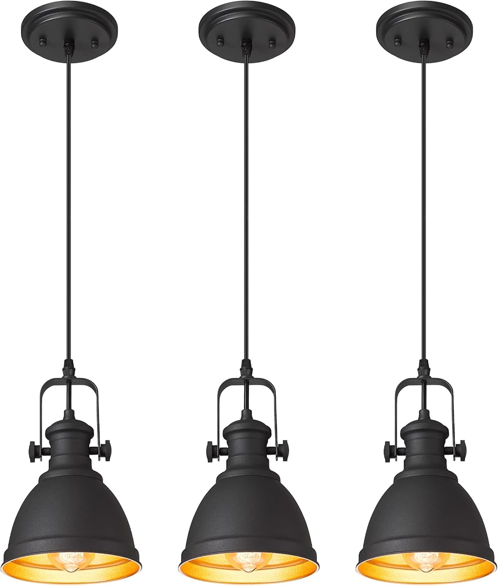 Pendant Lights, Minimalist Pendant Lighting for Kitchen Island, Hanging Light Fixtures with Black Metal, 3-Pack, AD-2151-1P3