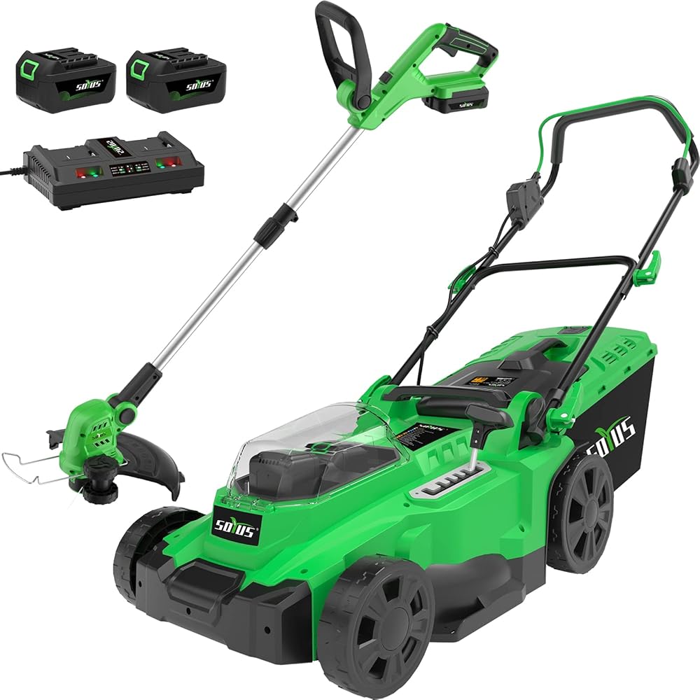SOYUS 40V 15 Inch Lawn Mower Cordless + 20V 12 Inch String Trimmer (Batteries & Charger Included)