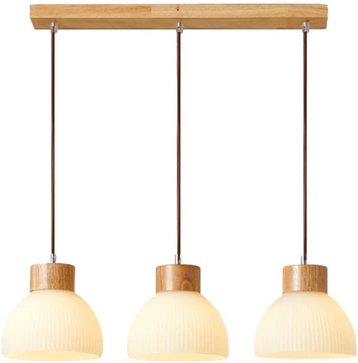 Kitchen Island Chandelier 3-Light Cluster Pendant Light with Ribbed Glass, Wood Accent Linear Ceiling Hanging Lamp, Dining Room Wooden Suspended Lighting Fixtures