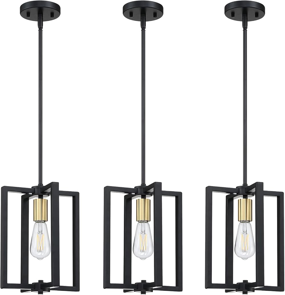 3 Pack 1-Light Farmhouse Rustic Vintage Gold Hanging Pendant Industrial Kitchen Island Semi Flush Mount Ceiling Light Black FInish Fixture for Dining Room Hallway Entryway Bedroom