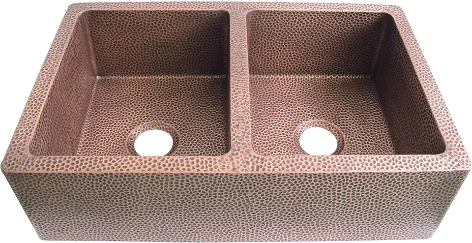 SINDA Classic 14 Gauge Handmade Equal Double Bowl Farmhouse Copper Apron-Front Kitchen Sink, Light Hammered-Natural Copper, 40.5