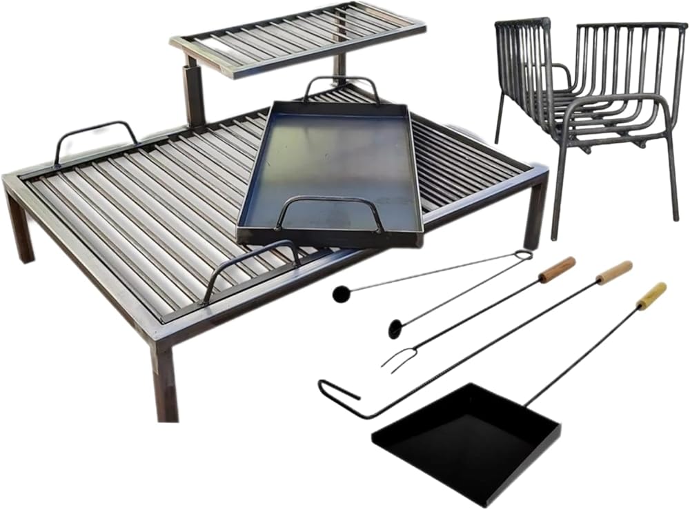 2 Level Iron Grill + Basket + Griddle + Grilling Tool Kit, Argentine BBQ, Iron Grill, Argentina Grill, Gaucho (M - 28x20)