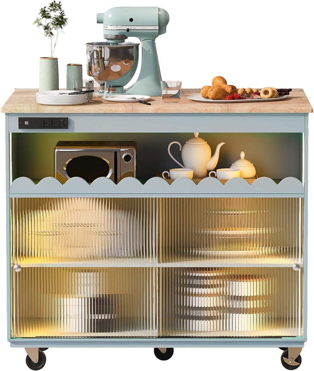 Kitchen Island with Drop Leaf, LED Light Kitchen Cart on Wheels with Power Outlets, 2 Sliding Fluted Glass Doors, Large Cart with 2 Cabinet and 1 Open Shelf (Grey Blue)