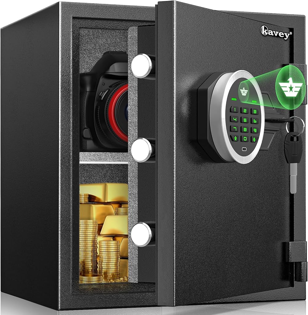 Kavey 1.8 Cub Fireproof Safe Box, Heavy Duty Home Safe with Backlit Keypad and Dual Alarm System, Money Safe with Adjustable Shelf and Mute Function, Digital Safe Box for Home