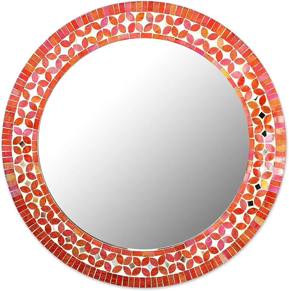 NOVICA Handmade Handcrafted Glass Mosaic Wall Mirror Round Multicolor from India Red Orange Glasswood Decor Bohemian 'Shimmering Blossoms'