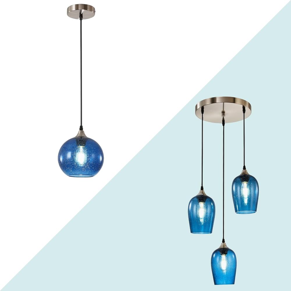 3-Light Pendant Light, Dining Room Chandelier over Table, Hanging Lighting Fixture with Blue Seeded Glass Shades, Cluster Pendant Lighting for Kitchen Island Bar