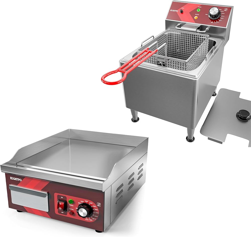 12L Commercial Deep fryer with Timer and Baskets Single Tank Fryer(120v 1800w) and 14 Inch Large Commercial Electric Griddle(120v 1800w)