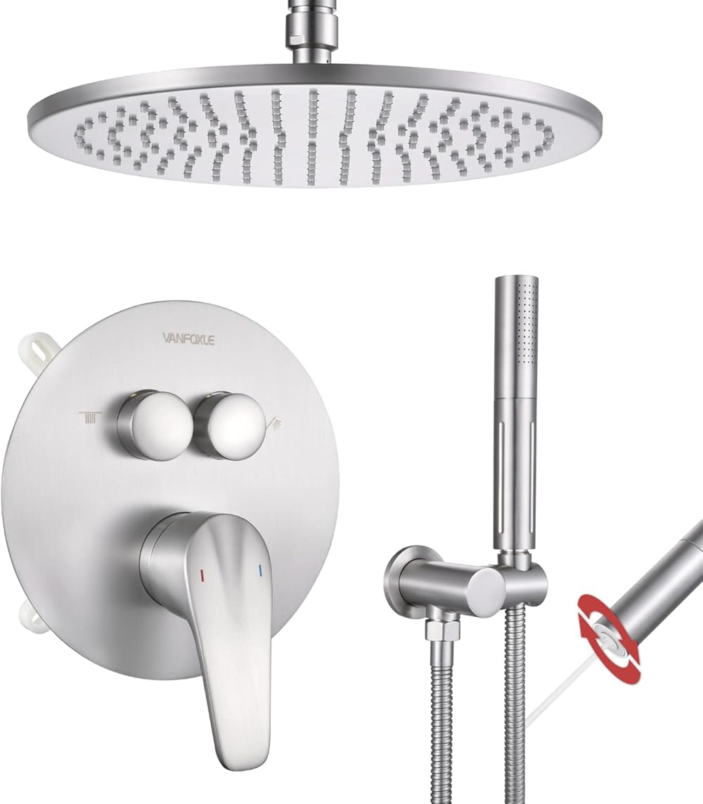 VANFOXLE Shower Faucets Sets Complete Brushed Nickel Shower System, Push Button Diverter Ceiling Mount Shower Fixtures with 2 in 1 Handheld,10 inches Shower Head(Rough-in Valve Body and Trim Included)